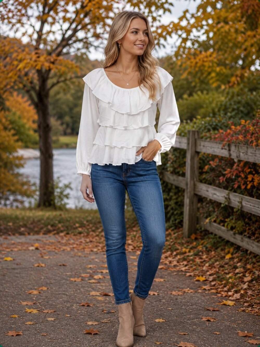 ISHYU Long Slve Scoop Neck w/Ruffle White (4) Tier Ruffle 100% Cotton Blouse S